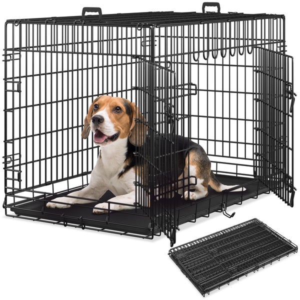 Zusammenklappbare Hundetransportbox aus Metall mit herausnehmbarer Bodenwanne und einem Hund im Inneren.