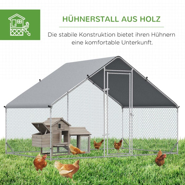 Hühnerstall mit Auslauf und Hühnern im Garten