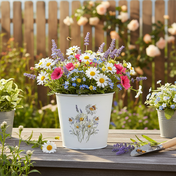 Ein weißer Blumentopf mit Blumenmotiv auf einem Holztisch, bepflanzt mit bunten Margeriten, Lavendel und pinken Petunien im Garten.