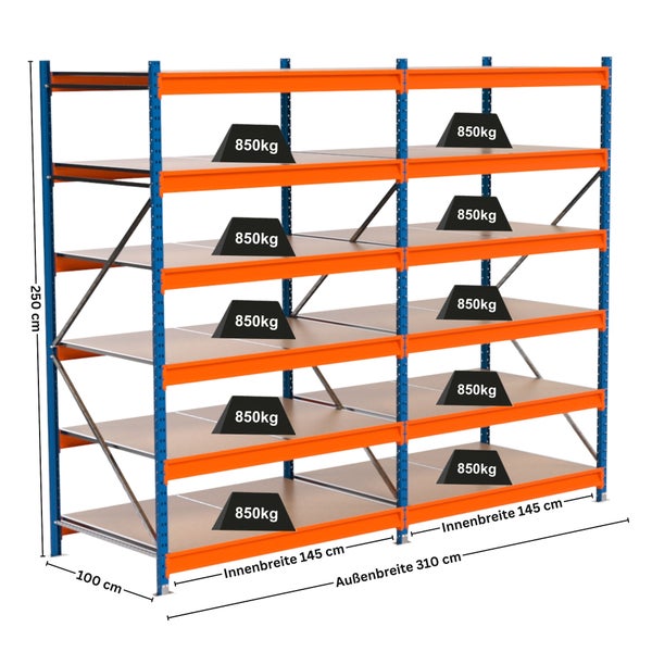 Regal mit sechs Regalböden, einer Höhe von 250 Zentimetern, einer Tiefe von 100 Zentimetern und einer Innenbreite von 145 Zentimetern