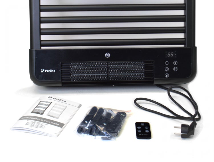 Purline Handtuchwärmer mit Zubehör wie Fernbedienung, Montageanleitung und Befestigungsmaterial