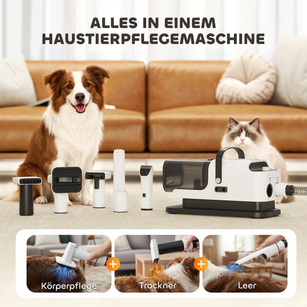 Haustierpflegemaschine Set mit Hund und Katze im Wohnzimmer, inklusive Aufsätzen für Körperpflege, Trocknen und Aufsaugen von Tierhaaren.