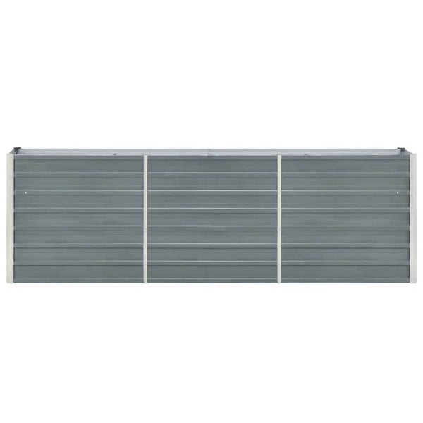 Hochbeet aus Metall in Grau mit horizontalen Paneelen.
