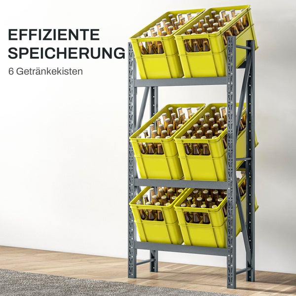 HOMCOM Getränkekistenregal für 6 Kisten, Freistehend Getränkeregal mit 3 Verstellbaren Ebenen, Kistenregal, 80 x 30 x 160 cm, Stahl, Grau