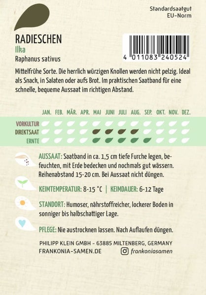 Radieschen Saatband Verpackung mit Informationen zur Aussaat und Pflege