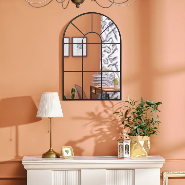 HOMCOM Wandspiegel Fensterspiegel 91 x 60 cm Flurspiegel mit Metallrahmen Hängespiegel Dekospiegel Ganzkörperspiegel für Wohnzimmer Schlafzimmer Schwarz