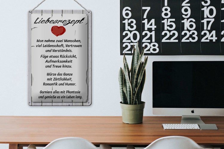 Blechschild Spruch 20x30cm Liebesrezept nehme 2 Menschen