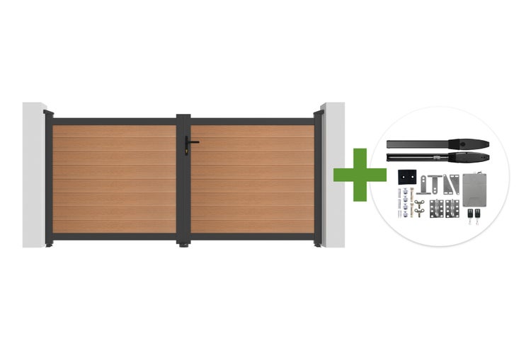 Zweiflügeliges Einfahrtstor mit horizontalen Paneelen in Holzoptik und elektrischem Torantrieb-Set inklusive Montagezubehör.