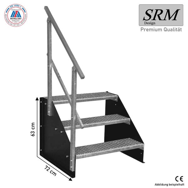Stahltreppe mit 3 Gitterroststufen, schwarzer Wange und Handlauf, Höhe 63 Zentimeter, Tiefe 72 Zentimeter. SRM Design Logo und CE-Kennzeichnung.