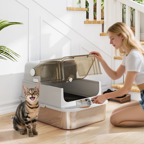 Frau reinigt moderne Katzentoilette mit Schaufel, transparentem Deckel und Metallboden, daneben eine gestreifte Katze in einem hellen Raum