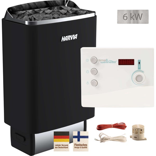 Harvia Saunaofen 6 Kilowatt mit Steuerungseinheit time4wellness und Zubehör für finnische Saunas