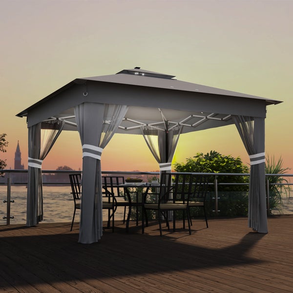 Outsunny Faltpavillon ca. 3 x 3 m, Pavillon mit LED, 4 Netzvorhängen, Seitenwand, Gartenpavillon mit Wassersack, Doppeldach, Tragetasche, für Balkon, Terrasse, Dunkelgrau