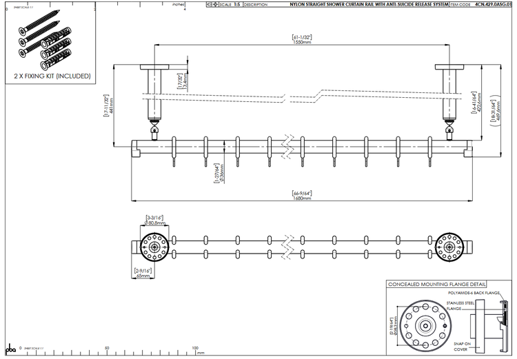 Technische Zeichnung einer geraden Duschvorhangstange aus Nylon mit Maßen in Millimeter und inklusive Befestigungsset.