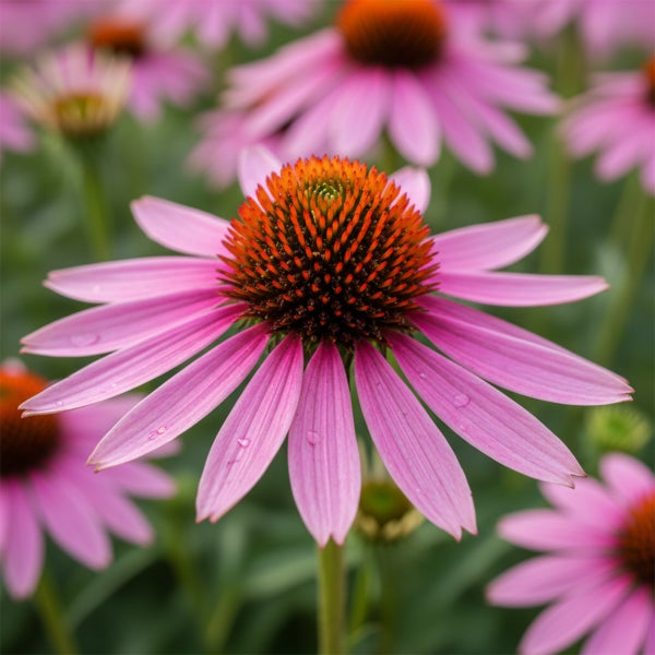 Nahaufnahme eines rosafarbenen Sonnenhuts mit orangefarbenem Blütenkorb und Wassertropfen auf den Blütenblättern.