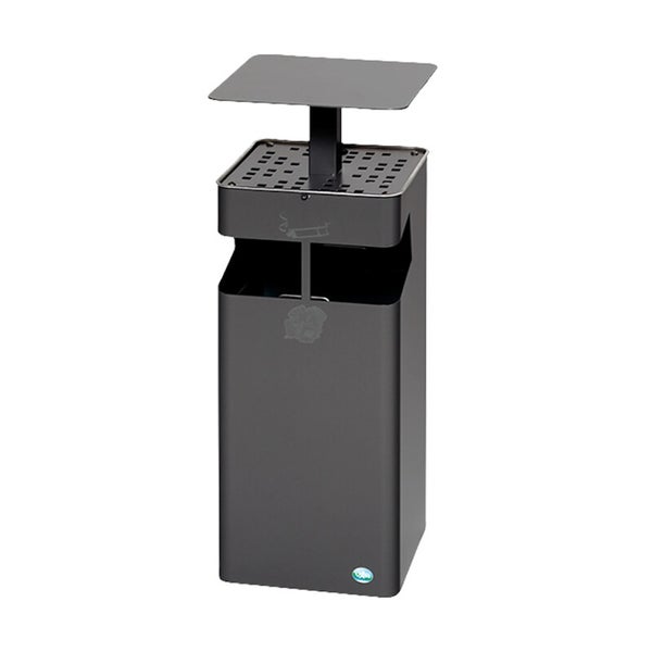 Kombinierter Standascher und Abfallbehälter aus Metall mit quadratischem Gehäuse und Regenschutzdach.