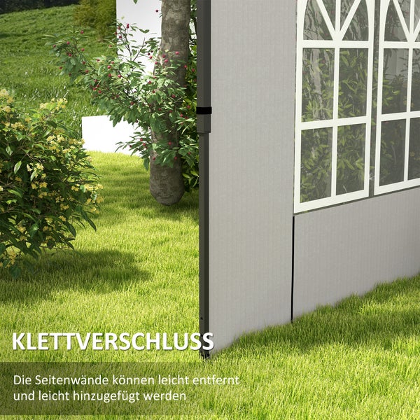 Pavillon-Seitenwand mit Fenster und Klettverschluss zur einfachen Befestigung am Gestänge, im Garten.