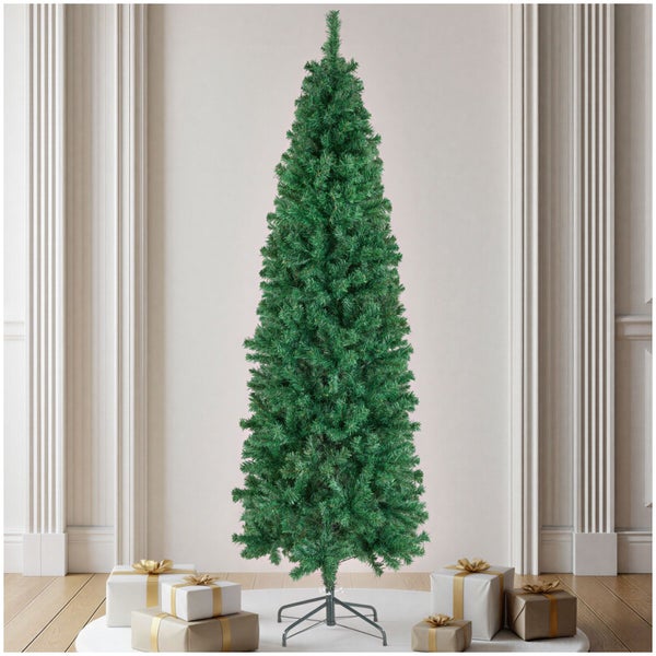 Künstlicher Weihnachtsbaum in schlanker Form mit grünen Nadeln auf einem Metallständer, dekoriert mit Geschenkpaketen am Boden.