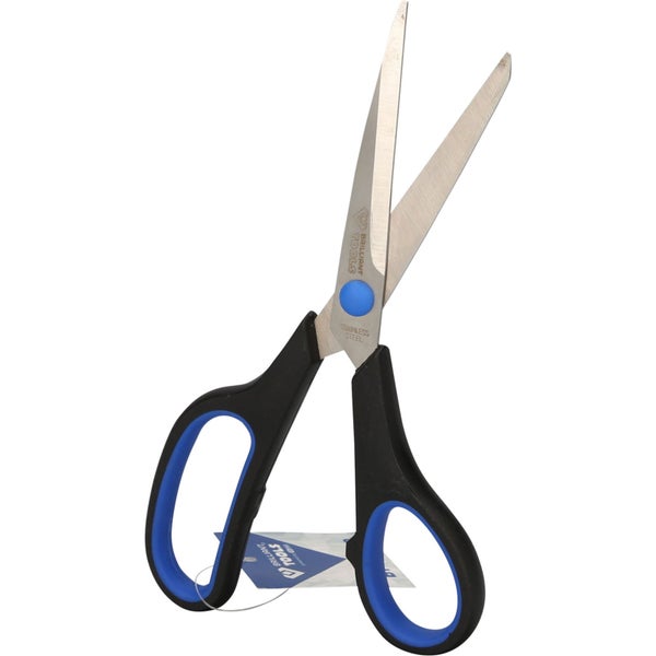 Brilliant Tools Universalschere mit Klingen aus rostfreiem Edelstahl und ergonomischen Kunststoffgriffen in Schwarz und Blau.