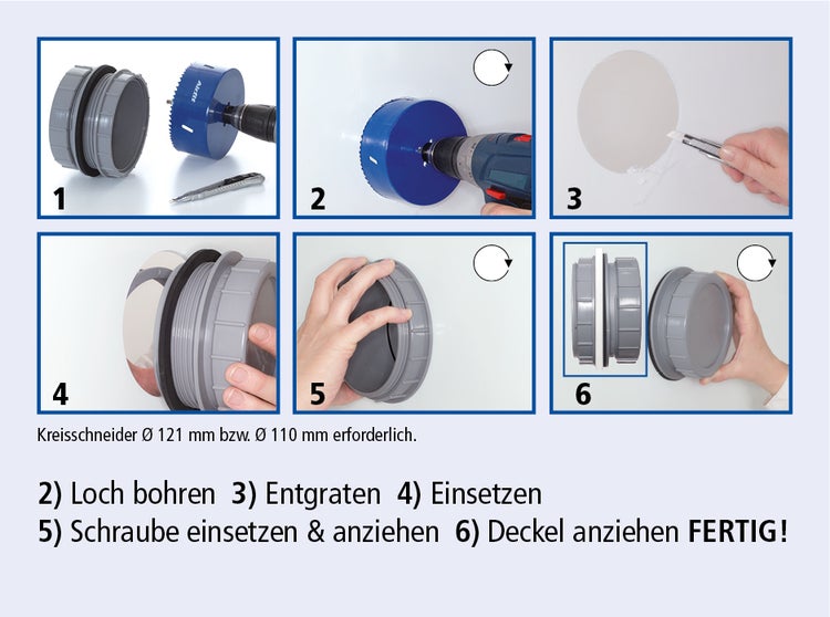 Schritt-für-Schritt-Anleitung zur Montage eines Anschlusses: Loch bohren, entgraten, einsetzen und festschrauben.
