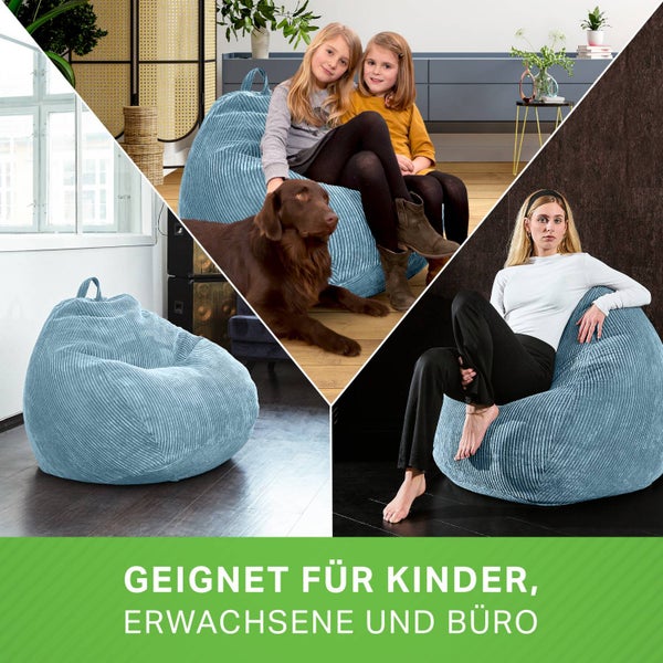Green Bean Indoor Sitzsack 90x110cm EPS-Perlen Füllung & Cordstoff Kuschelig Weich Waschbar - Drinnen Bodenkissen Liegekissen Sitzkissen Sitzhocker Relax-Sessel Kinder Erwachsene Stoff Hellblau