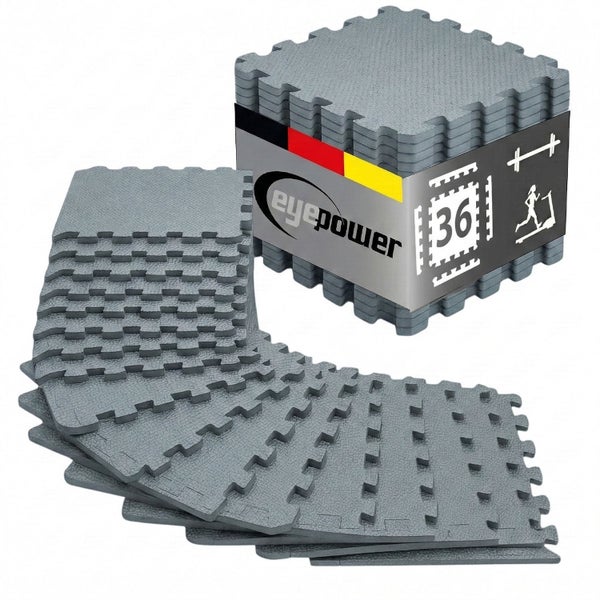 Set aus 36 ineinandergreifenden Bodenschutzmatten für Fitnessgeräte und Krafttraining mit strukturierter Oberfläche und Eyepower Logo.