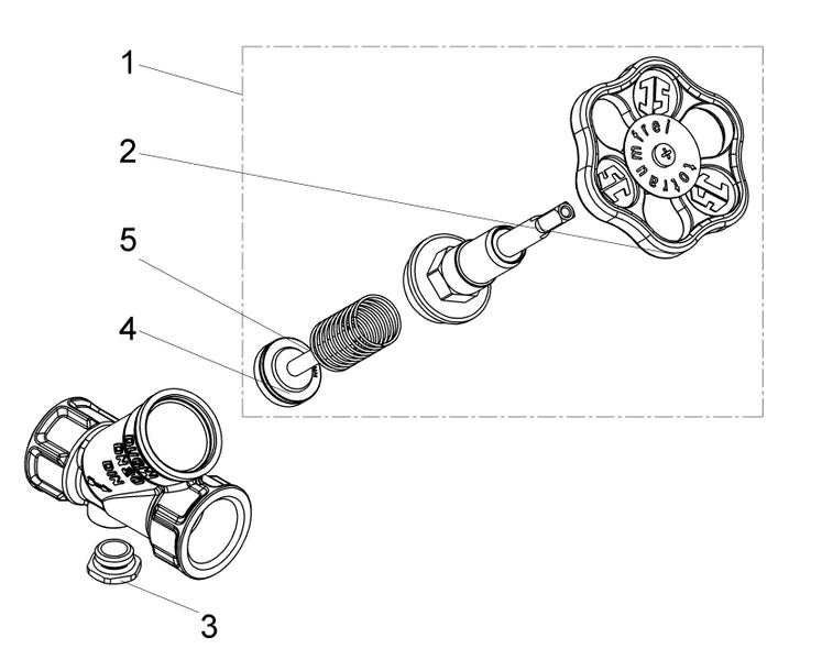 Explosionszeichnung eines frostfreien Außenwandventils mit nummerierten Einzelteilen wie Handrad, Spindel, Feder und Ventilgehäuse.