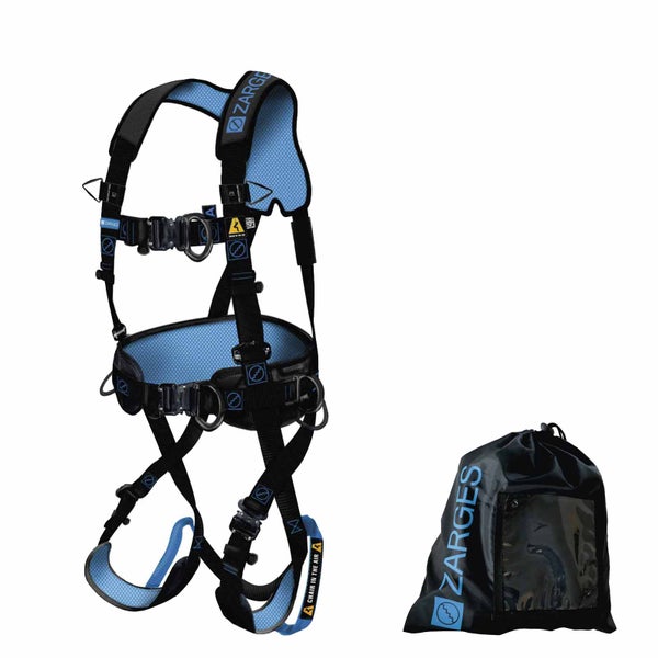 Zarges Auffanggurt in Schwarz und Blau mit gepolsterten Beinschlaufen und Schultergurten inklusive Aufbewahrungsbeutel.