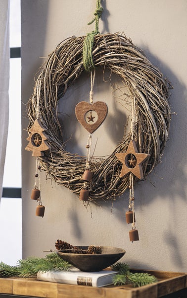 FRANK FLECHTWAREN | Holzhänger Glöckchen, 3er Set, GH: 40 cm, HOLZ, METALL, SISAL,