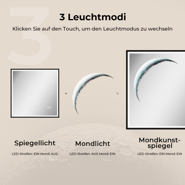 EMKE LED Badspiegel 60x60 cm, dekoratives Mond-Design, dimmbare Beleuchtung, Anti-Beschlag, schwarzer Rahmen, IP44, zur Wandmontage, für Badezimmer & Schlafzimmer