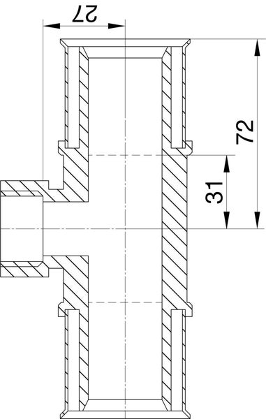 Technische Zeichnung eines T-Stücks für Rohre mit den Maßen 27, 31 und 72.