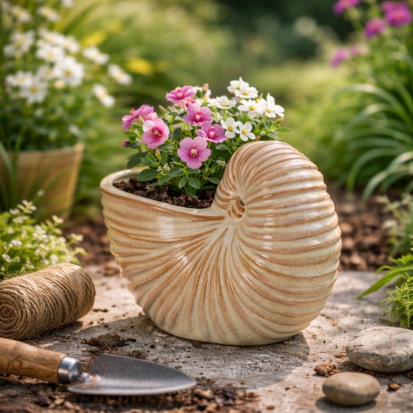 Dekoratives Pflanzgefäß in Form einer Nautilus-Muschel mit rosa und weißen Blumen im Garten neben einer Schaufel und Schnur.