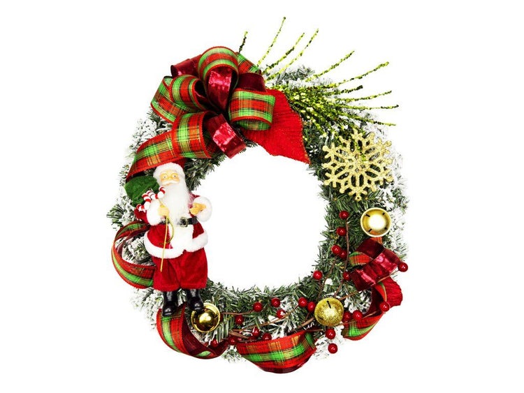Weihnachtskranz mit künstlichen Tannenzweigen, einer Weihnachtsmannfigur, Schleifen, Beeren und einer Schneeflocke als Dekoration.