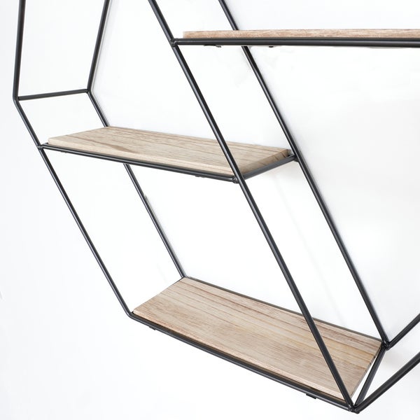 Wandregal aus schwarzem Metall, 3 Holzregale – Sechseck diagonal