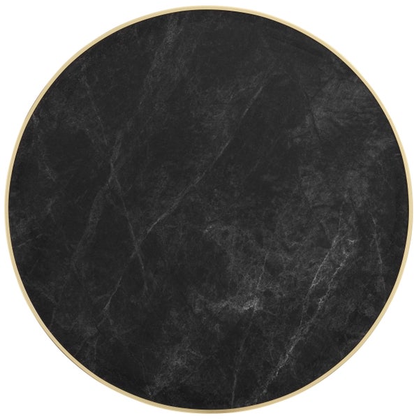 Runde Tischplatte in schwarzer Marmoroptik mit schmalem goldenem Rand.
