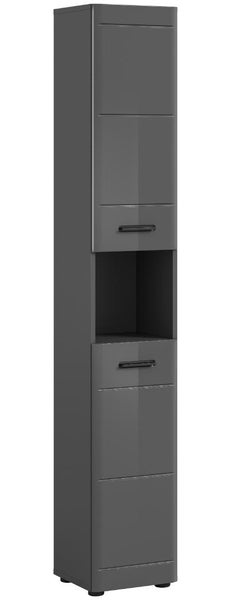 Hochschrank für das Badezimmer in Grau mit zwei Türen, schwarzen Griffen und offenem Mittelfach.
