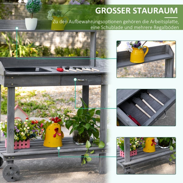 Outsunny Pflanztisch mit Schublade 2 Stufen Gärtnertisch mit waschbecken und Rollen Garten Tannenholz Grau 92 x 45 x 119 cm