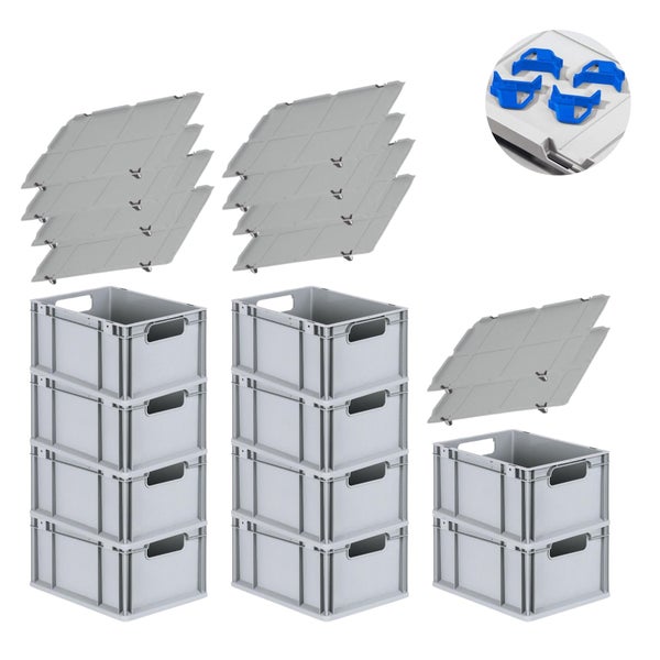 PROREGAL Spar Set 10x Eurobox Nextgen Economy Mit Auflagedeckel & 4x Schiebeschnappverschlüsse Blau Griffe Offen HxBxT 22 x 30 x 40 cm 20 Liter