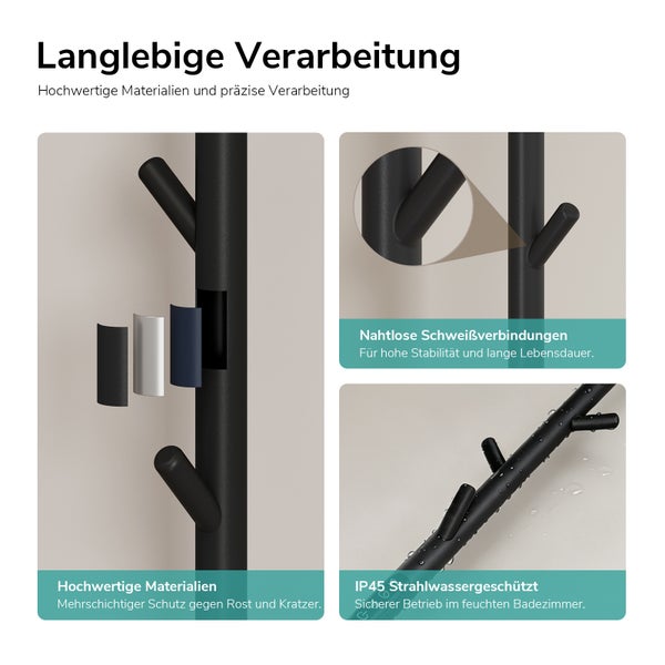 Infografik zur langlebigen Verarbeitung eines Handtuchhalters mit Schutzschichten, nahtlosen Schweißnähten und IP45 Strahlwasserschutz.