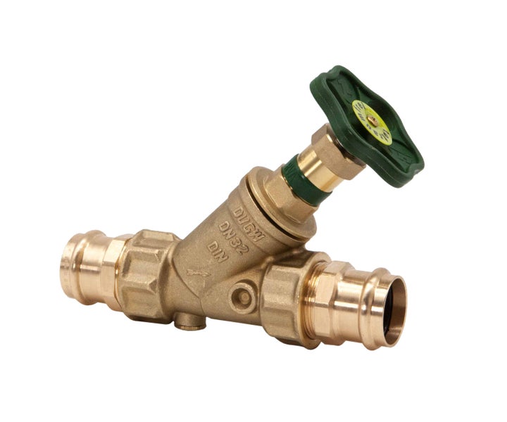 Freistromventil aus Messing mit Pressanschluss, Nennweite 32, mit grünem Handrad.