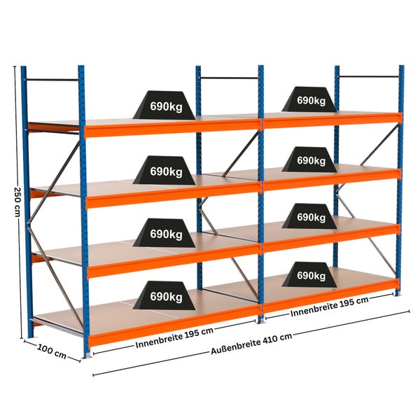 Abbildung eines Schwerlastregals mit vier Ebenen und Gewichtsangaben