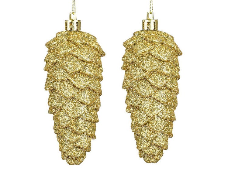 Zwei glitzernde Tannenzapfen als Weihnachtsbaumschmuck zum Aufhängen