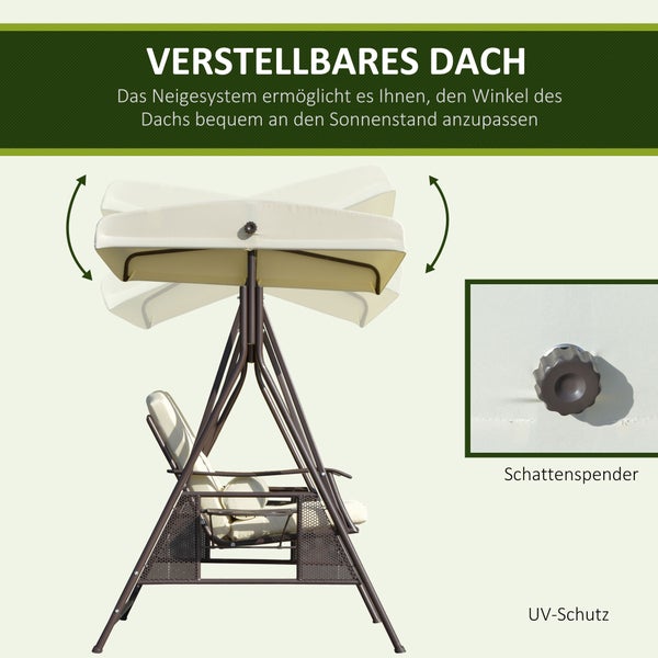 Outsunny 2-Sitzer Hollywoodschaukel, Gartenschaukel mit Sonnendach, 162 x 118 x 173 cm, Metall, Polyester, Beige