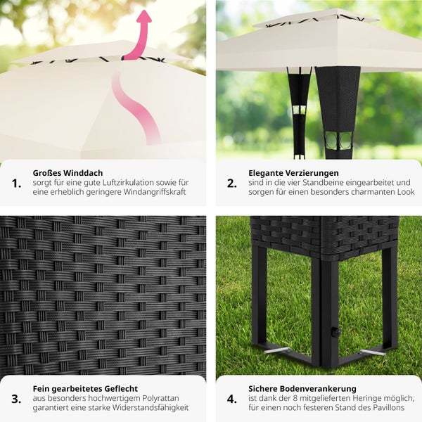 Rattan Gartenpavillon tectake Mona inklusive Heringen 4 x 3 m schwarz/creme