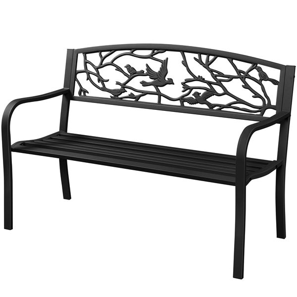 Gartenbank aus Metall mit Vogeldesign auf der Rückenlehne