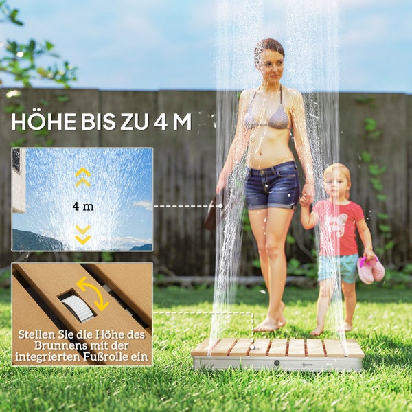 Bodendusche für den Garten mit einer Fontänenhöhe bis zu 4 Meter, einstellbar über ein integriertes Fußrad an der Plattform aus Holzoptik.