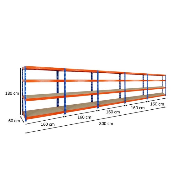 PROREGAL Mega Deal 5x Profi Schwerlastregal Rhino HxBxT 180 x 160 x 60 cm 4 Spanplatten-Ebenen 8mm Fachlast 500 kg Blau-Orange