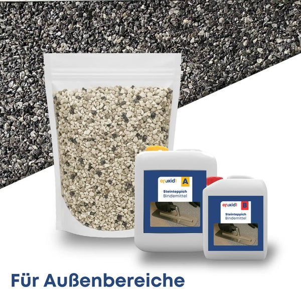 Steinteppich Set für den Außenbereich mit einem Beutel Natursteinen und zwei Kanistern Bindemittel.