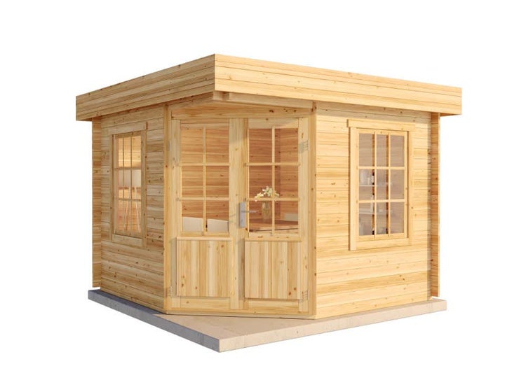 Alpholz 5-Eck Gartenhaus Monica-28 mit Flachdach Gartenhaus aus Holz in natur, Holzhaus mit 28 mm Wandstärke, Blockbohlenhaus mit Montagematerial imprägniert 3x3m