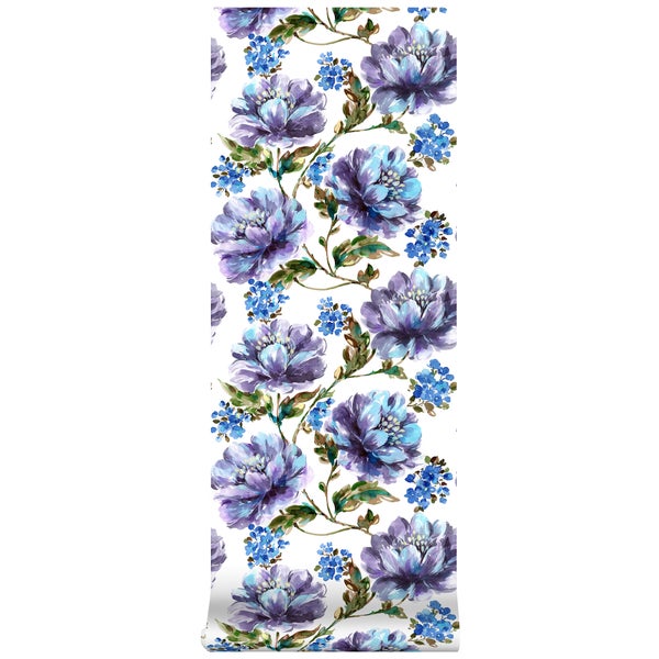 Vliestapete mit floralem Pfingstrosen-Muster im Aquarell-Stil in Violett und Blau