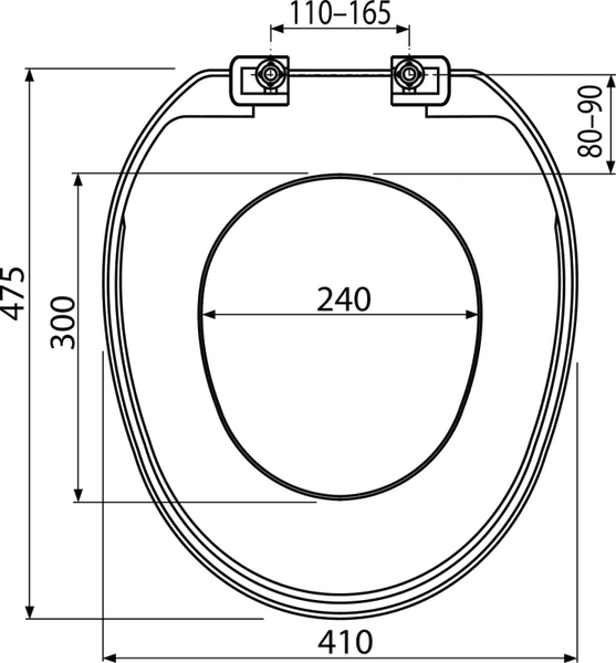 Maßzeichnung eines Toilettensitzes: Gesamtlänge 475 Millimeter, Breite 410 Millimeter, Lochabstand 110 bis 165 Millimeter.
